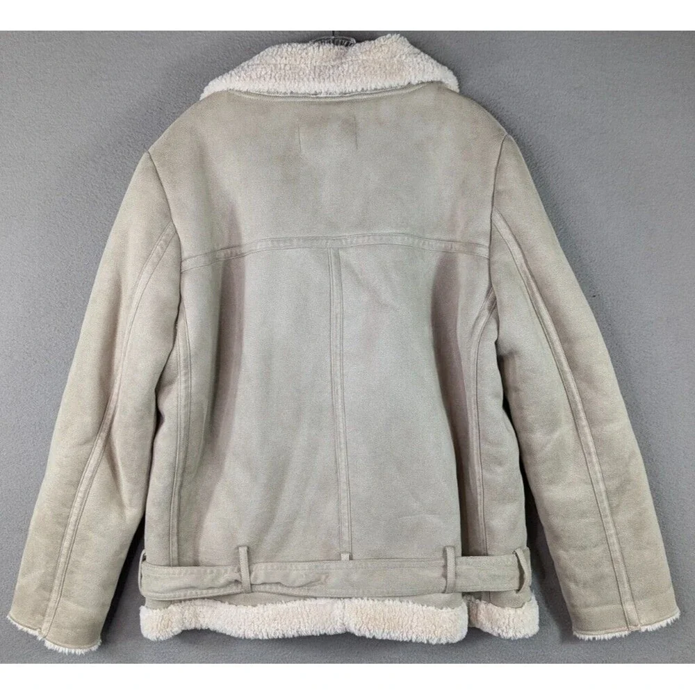 Zara Faux Leather‎ Fleece Coat Womens XL Double Faced Biker Aviator Jacket Boho - Picture 9 of 13